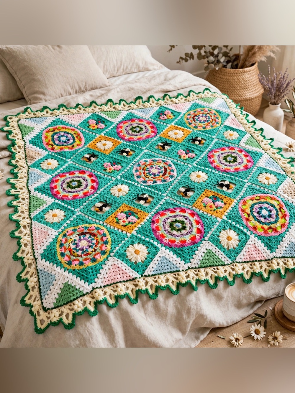 Secret garden style floral granny afghan Handmade Crochet blanket 75” x 75”